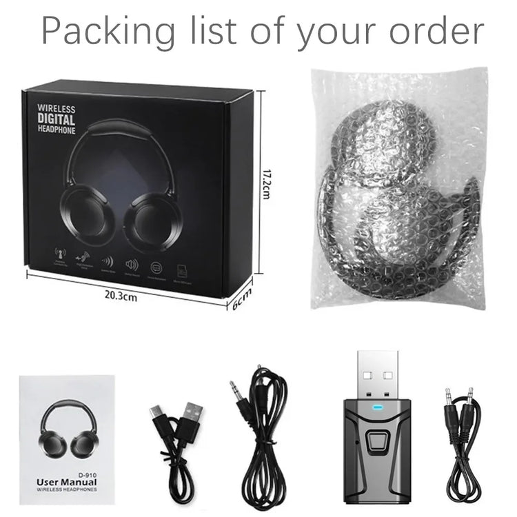 15 Hour Wireless Headset Bluetooth Headphone 5.3 Large TV Earphone Rotate Big Earmuffs with USB Adapter for Television PC